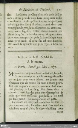Lettre CXLIII. A la même. A Paris, Lundi 30. Mai, 1672