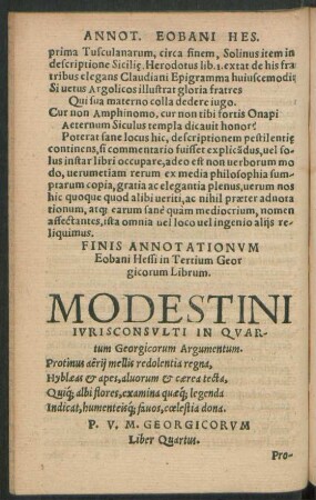 Modestini Iurisconsulti In Quartum Georgicorum Argumentum.