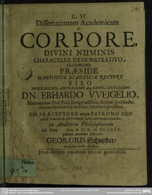 Dissertationem Academicam de Corpore, Divini Numinis Charactere Demonstrativo