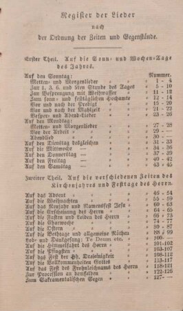 Register der Lieder nach der Ordnung der Zeiten und Gegenstände.