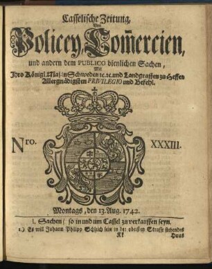 Nro. XXXIII, Montags, den 13. Aug. 1742