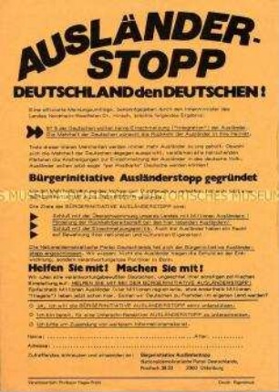 Propagandaflugblatt gegen die Zuwanderung von Ausländern mit Mitgliederwerbung der "Bürgerinitiative Ausländerstopp" der NPD