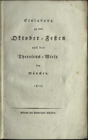 Einladung zu den Oktober-Festen auf der Theresens-Wiese bey München, 1811