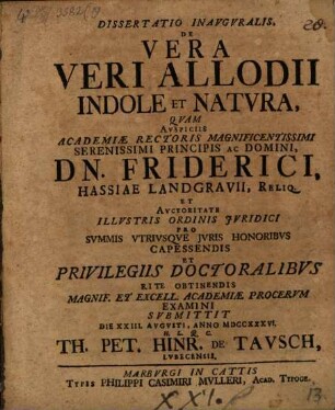 Diss. inaug. de vera veri allodii indole et natura