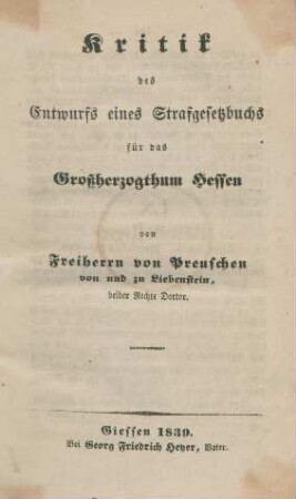Kritik des Entwurfs eines Strafgesetzbuchs für das Großherzogthum Hessen