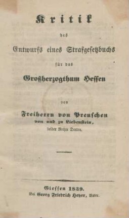 Kritik des Entwurfs eines Strafgesetzbuchs für das Großherzogthum Hessen