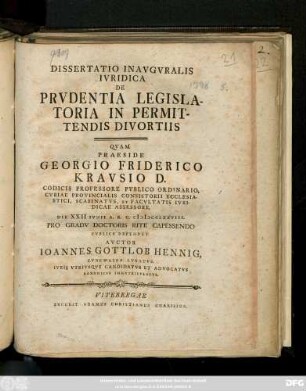 Dissertatio Inavgvralis Ivridica De Prvdentia Legislatoria In Permittendis Divortiis