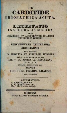 De carditide idiopathica acuta : dissertatio inauguralis medica