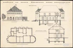 Wohnhaus eines Architekten: Grundriss KG, Längsschnitt und Querschnitt, Ostfront 1:100