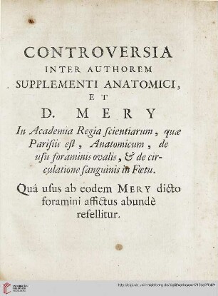Controversia inter Authorem supplementi Anatomici, et D. Mery […]