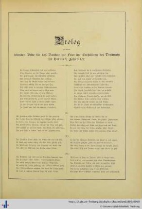 Prolog zur Feier der Enthüllung des Denkmals für Heinrich Schreiber.
