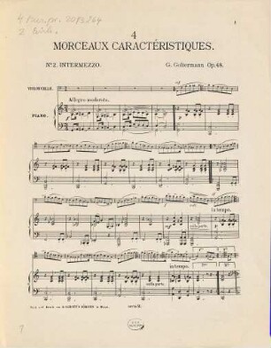 4 morceaux caractéristiques pour violoncelle avec accompagnement de piano : Op. 48, 2. Intermezzo