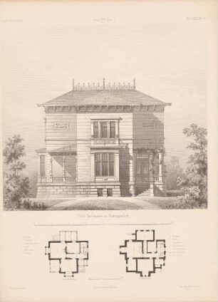Villa Schlutow, Heringsdorf: Grundrisse, Ansicht (aus: Architektonisches Skizzenbuch, H. 142/1, 1877)