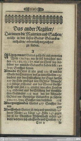 Das ander Register, Darinnen die Materien und Sachen, welche in den süssen Gottes Gedancken enthalten, ordentlich verzeichnet zu finden