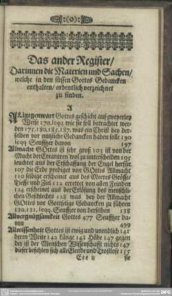 Das ander Register, Darinnen die Materien und Sachen, welche in den süssen Gottes Gedancken enthalten, ordentlich verzeichnet zu finden