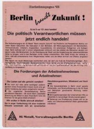 Flugblatt der IG Metall zur wirtschaftlichen Perspektive Berlins
