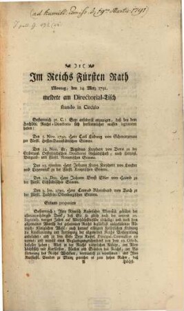 Im Reichsfürstenrath : ... Fortsetzung des Protokolls, 1791