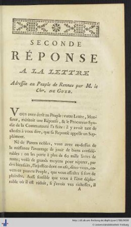 Seconde Réponse A La Lettre Adressée au Peuple de Rennes par M. le Chevalier. De Guer.