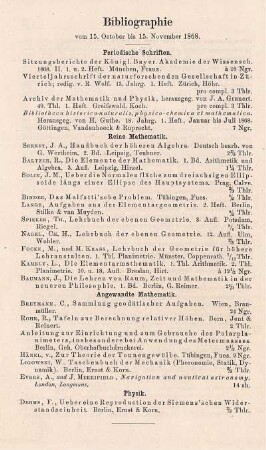 Bibliographie vom 15. October bis 15. November 1868.