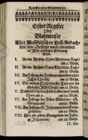 Erstes Register Oder Blahtweiser Aller Musikalischen Fest-Andachten, wie Selbige nach einander in Ihrer richtigen Ordnung stehn