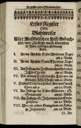 Erstes Register Oder Blahtweiser Aller Musikalischen Fest-Andachten, wie Selbige nach einander in Ihrer richtigen Ordnung stehn
