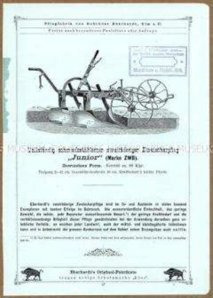 Vollständig schmiedestählerner zweiräderiger Zweischarpflug "Junior"