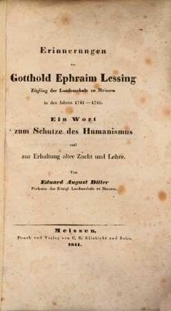 Erinnerungen an Gotthold Ephraim Lessing, Zögling der Landesschule zu Meissen in den Jahren 1741-1746
