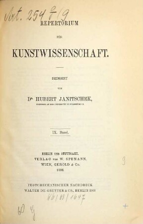 Repertorium für Kunstwissenschaft. 9, 9. 1886