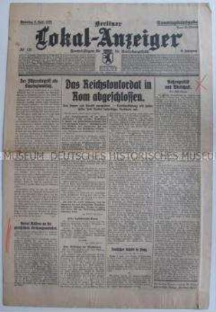 Tageszeitung "Berliner Lokal-Anzeiger" zum Konkordat zwischen der NS-Regierung und dem Vatikan