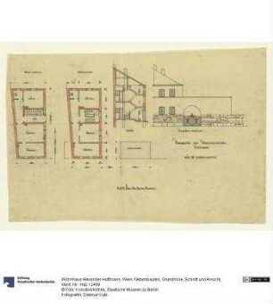 Wohnhaus Alexander Hoffmann, Wien, Nebenbauten, Grundrisse, Schnitt und Ansicht