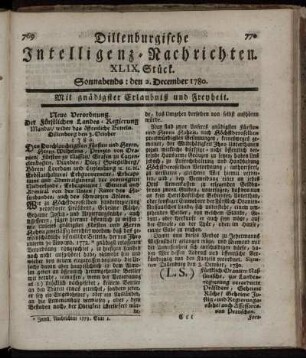 XLIX. Stück. Sonnabends : den 2. December 1780.
