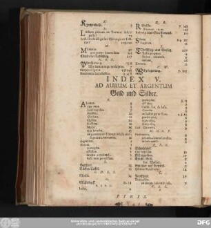 Index V. Ad Aurum Et Argentum Gold und Silber.