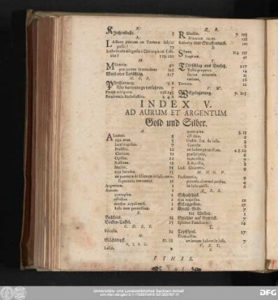 Index V. Ad Aurum Et Argentum Gold und Silber.