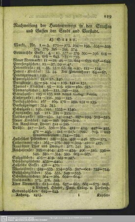 Nachweisung der Hausnummern in den Straßen und Gassen der Stadt und Vorstadt