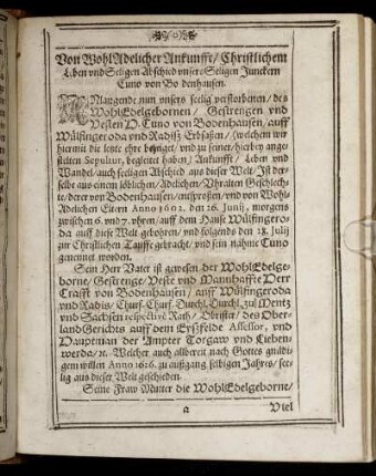 Von Wohl Adelicher Ankunfft, Christlichen Leben und Seligen Abschied unsers Seligen Junckern Cuno von Bodenhausen.