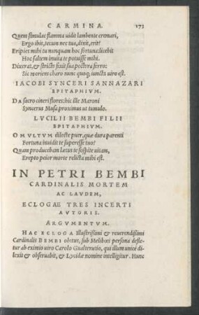In Petri Bembi Cardinalis Mortem Ac Laudem, Eclogae Tres Incerti Autoris.