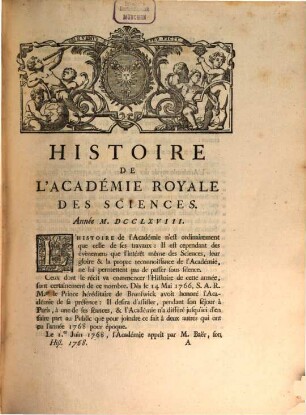 Histoire de l'Académie Royale des Sciences : avec les mémoires de mathématique et de physique pour la même année ; tirés des registres de cette Académie, 1768 (1770)