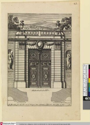 [Portal mit einer darüber befindlichen Balustrade und zwei Skulpturen in zwei Nischen das Tor flankierend; Porte cochére par dessus laquelle on apercoit une résidence]