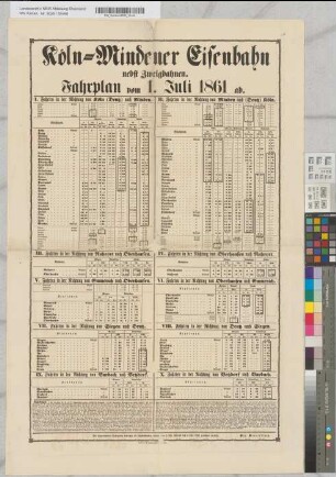 Köln-Mindener Eisenbahn nebst Zweigbahnen. Fahrplan vom 1. Juli 1861 ab. Druck von M. DuMont-Schauberg in Köln