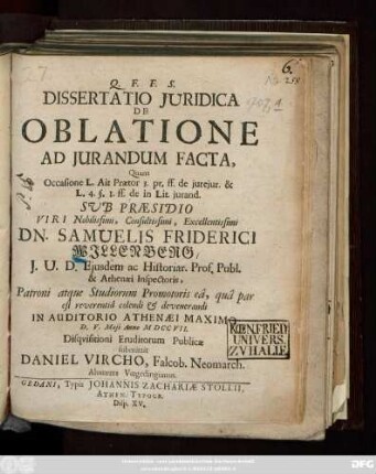 Dissertatio Juridica De Oblatione Ad Jurandum Facta