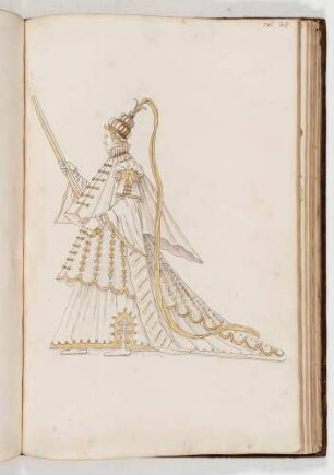 Mann in langem Gewand mit Zepter, in: Equestrium statuarum [...] formae [...] artificiosissime pictis, Bl. 76
