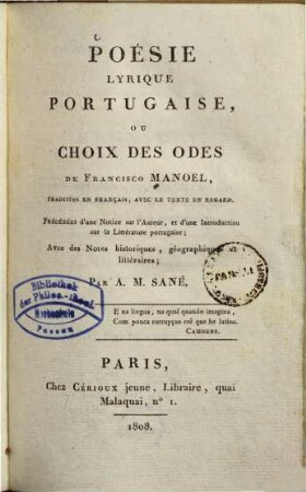 Poésie lyrique portugaise, ou choix des odes de Francisco Manoel