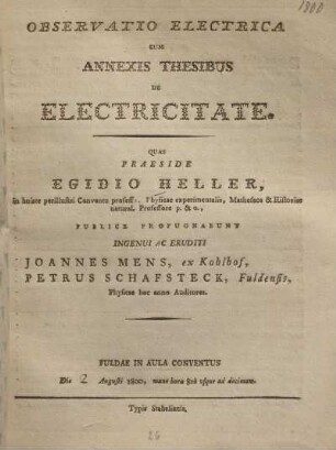 Observatio electrica cum annexis thesibus de electricitate
