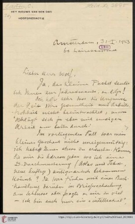 Briefe von Cornelis Easton an Max Wolf: Brief von Cornelis Easton an Max Wolf