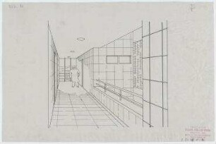 Das Mittelganghaus, Entwurf für die Ausstellung des BDA im Schloss Charlottenburg (nicht realisiert) – Innenperspektivansicht Mittelgang