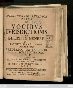 Dissertatio Ivridica Prima De Vocibvs Ivrisdictionis Et Imperii In Genere