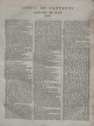 INDEX OF CONTENTS JANUARY TO JUNE 1869.