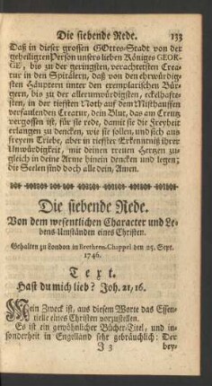 Die siebende Rede. Von dem wesentlichen Character und Lebens-Umständen eines Christen