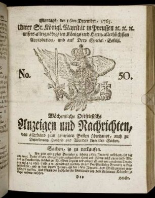 No. 50. Montags, den 16ten December, 1765.