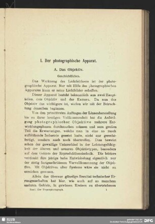 I. Der photographische Apparat